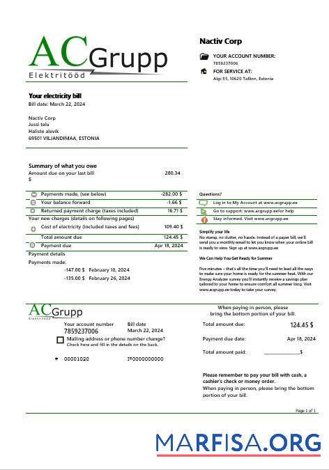 Downloadable Estonia AC Grupp OÜ electricity business utility bill template in Word and PDF formats